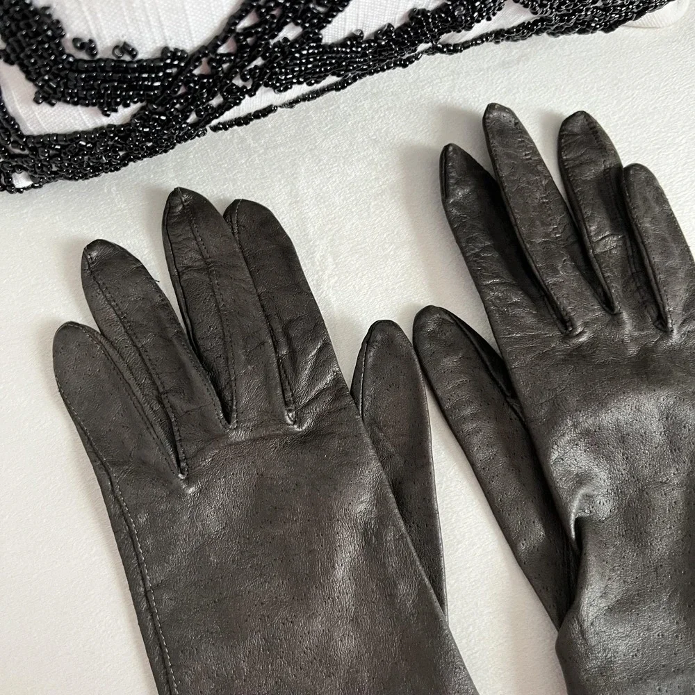 Vintage Van Raalte‎ Leather Gloves Womens 7.5 Brown Dress Scalloped 80s 90s